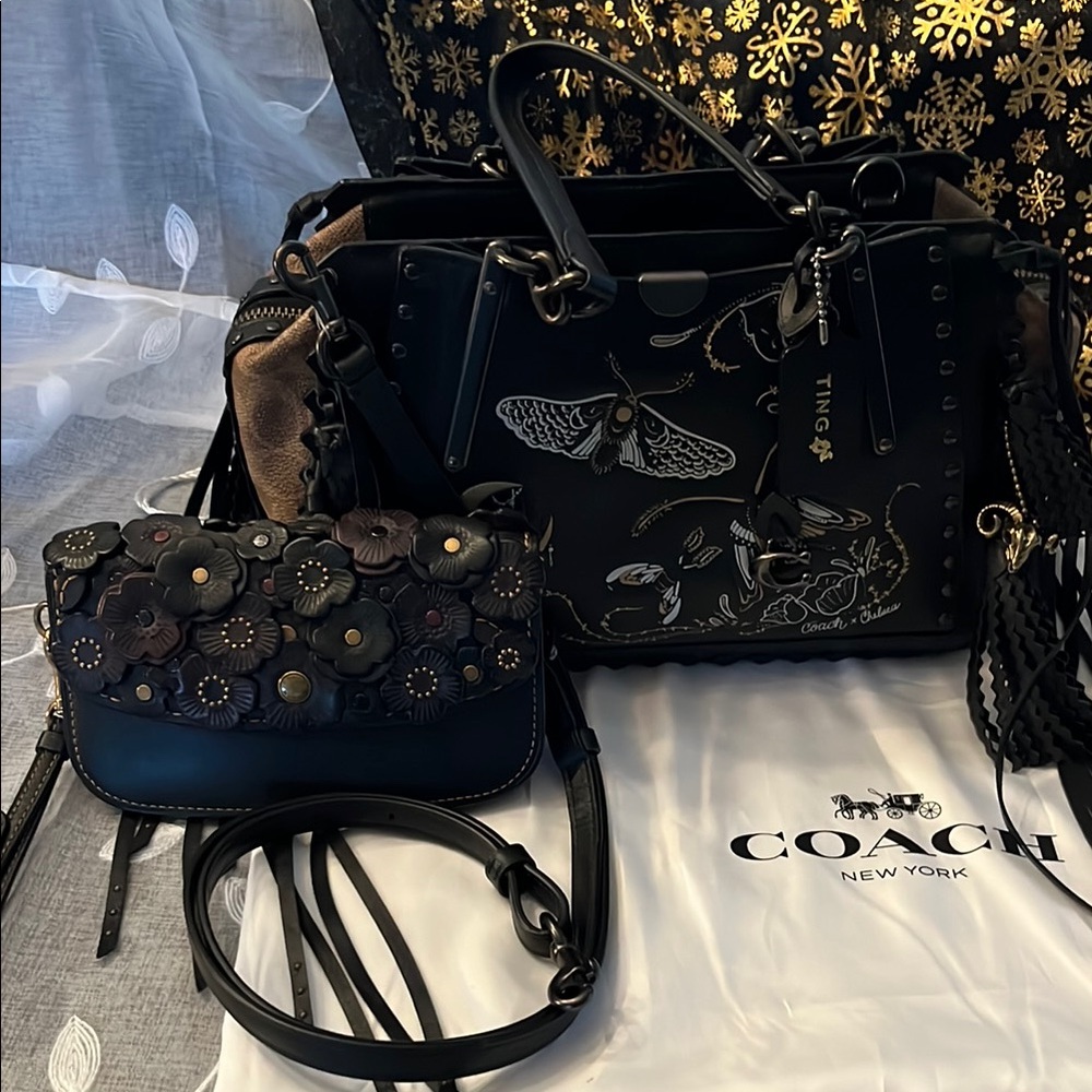 Coach Black Crossbody Bag with Chelsea Tattoo comes with Tea Rose Wallet